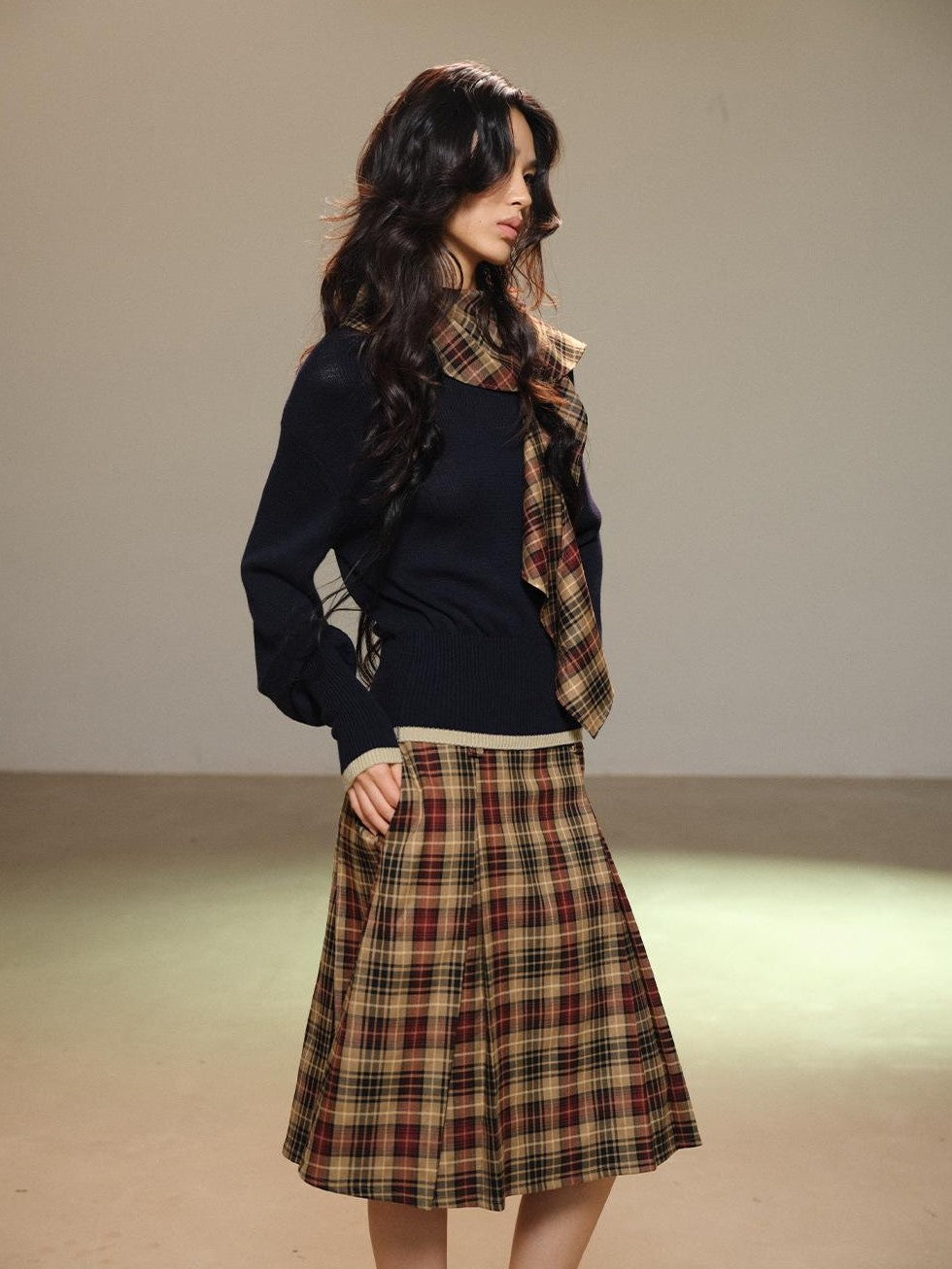 lvetong Pleated Plaid Color Block A Line Women&