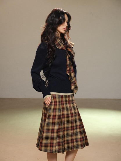 lvetong Pleated Plaid Color Block A Line Women&
