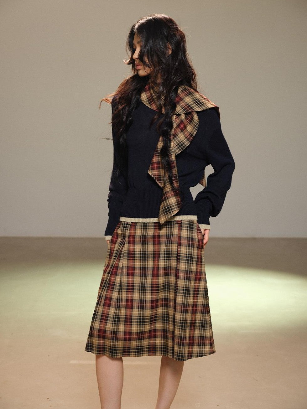 lvetong Pleated Plaid Color Block A Line Women&