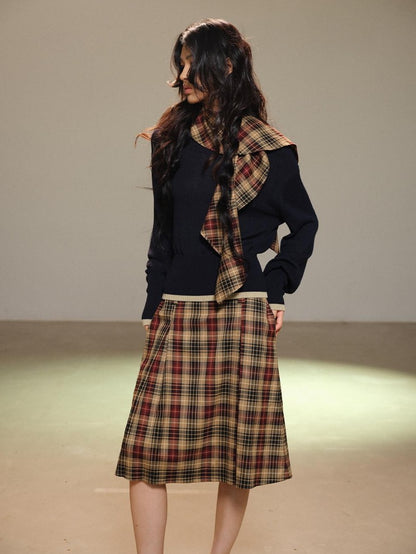 lvetong Pleated Plaid Color Block A Line Women&