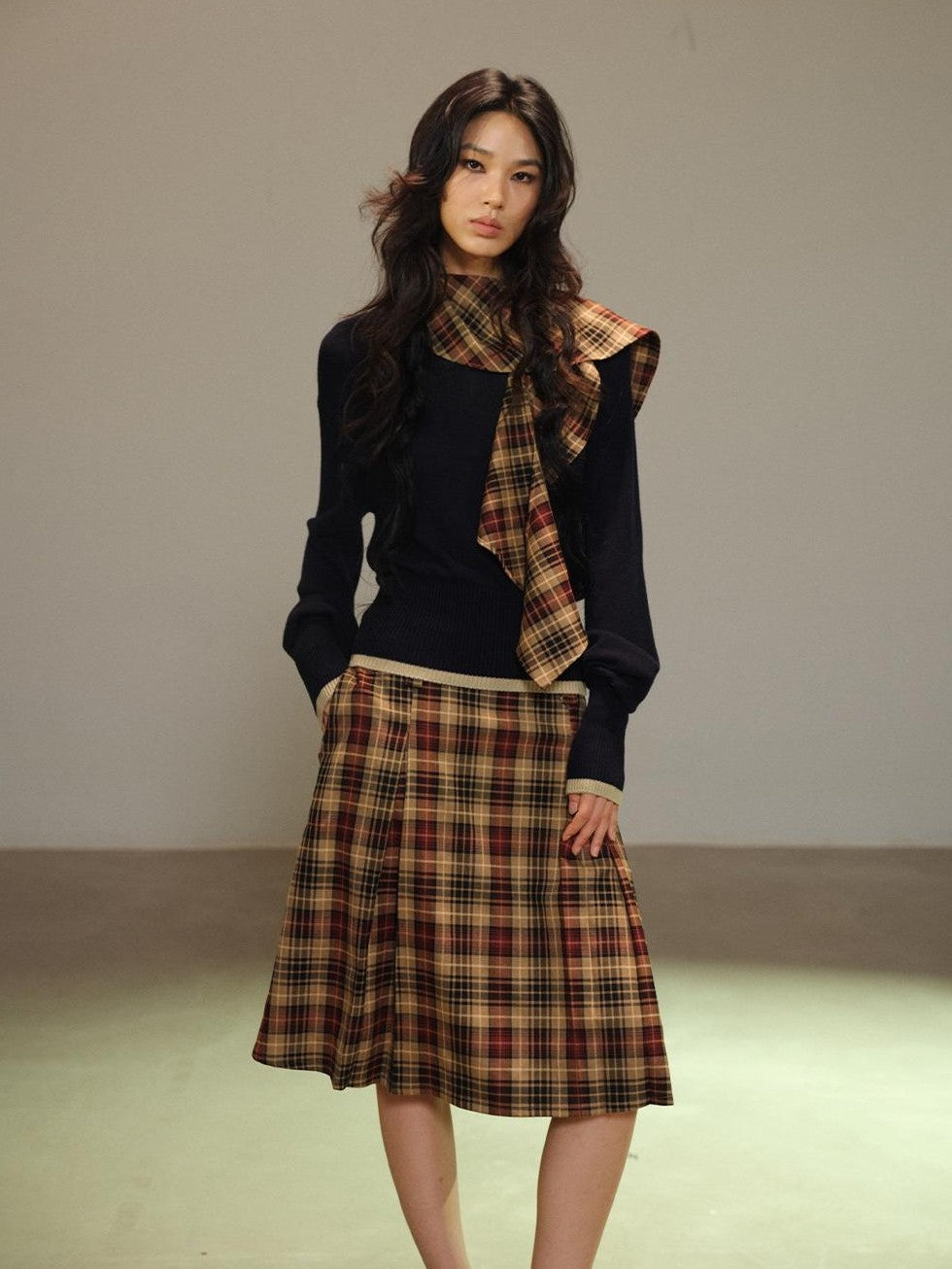 lvetong Pleated Plaid Color Block A Line Women&