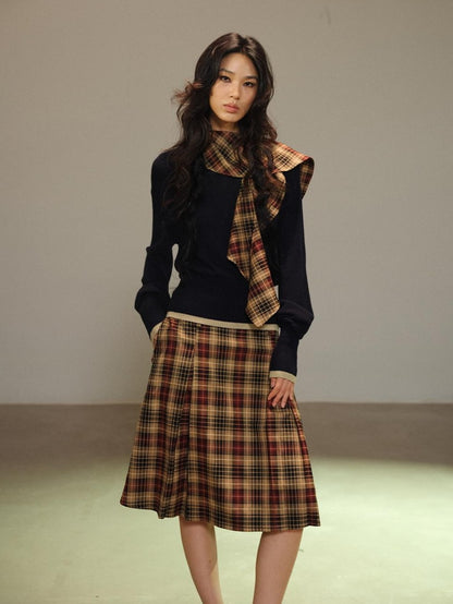 lvetong Pleated Plaid Color Block A Line Women&