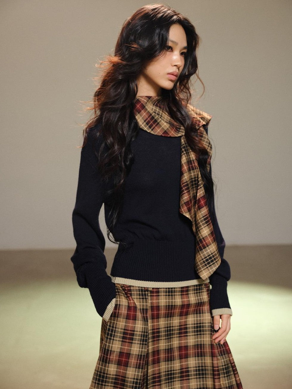 lvetong Pleated Plaid Color Block A Line Women&