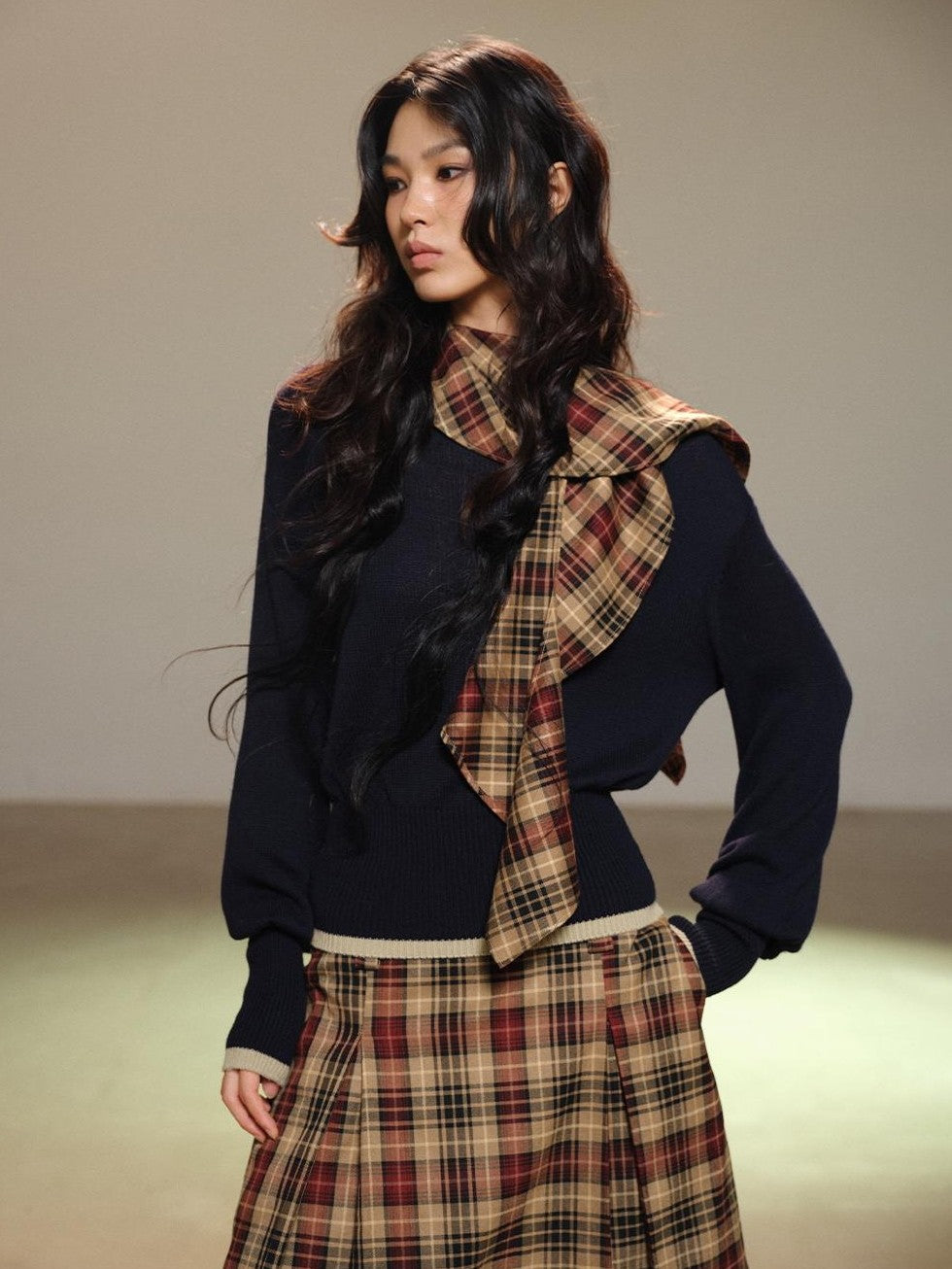 lvetong Pleated Plaid Color Block A Line Women&