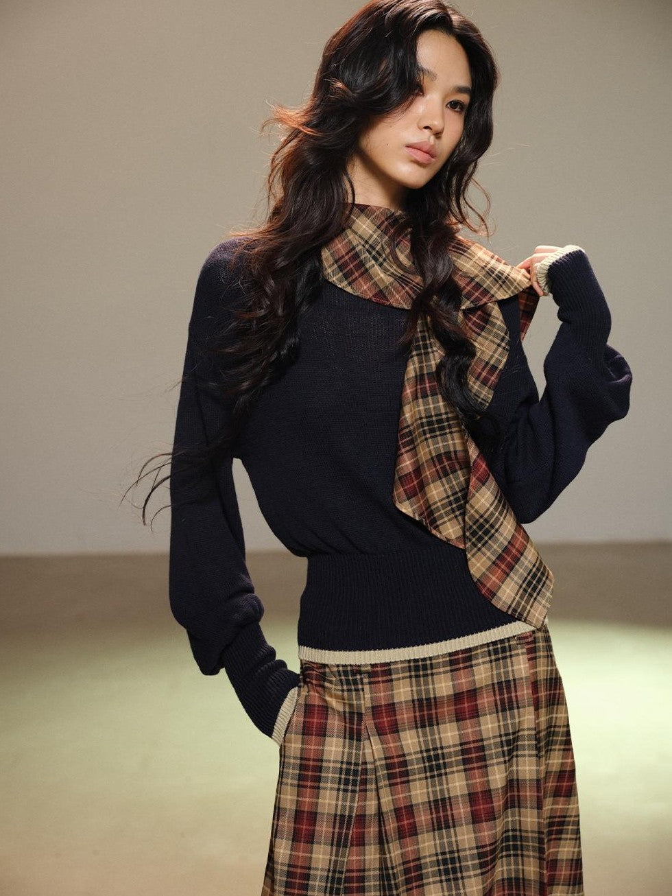 lvetong Pleated Plaid Color Block A Line Women&