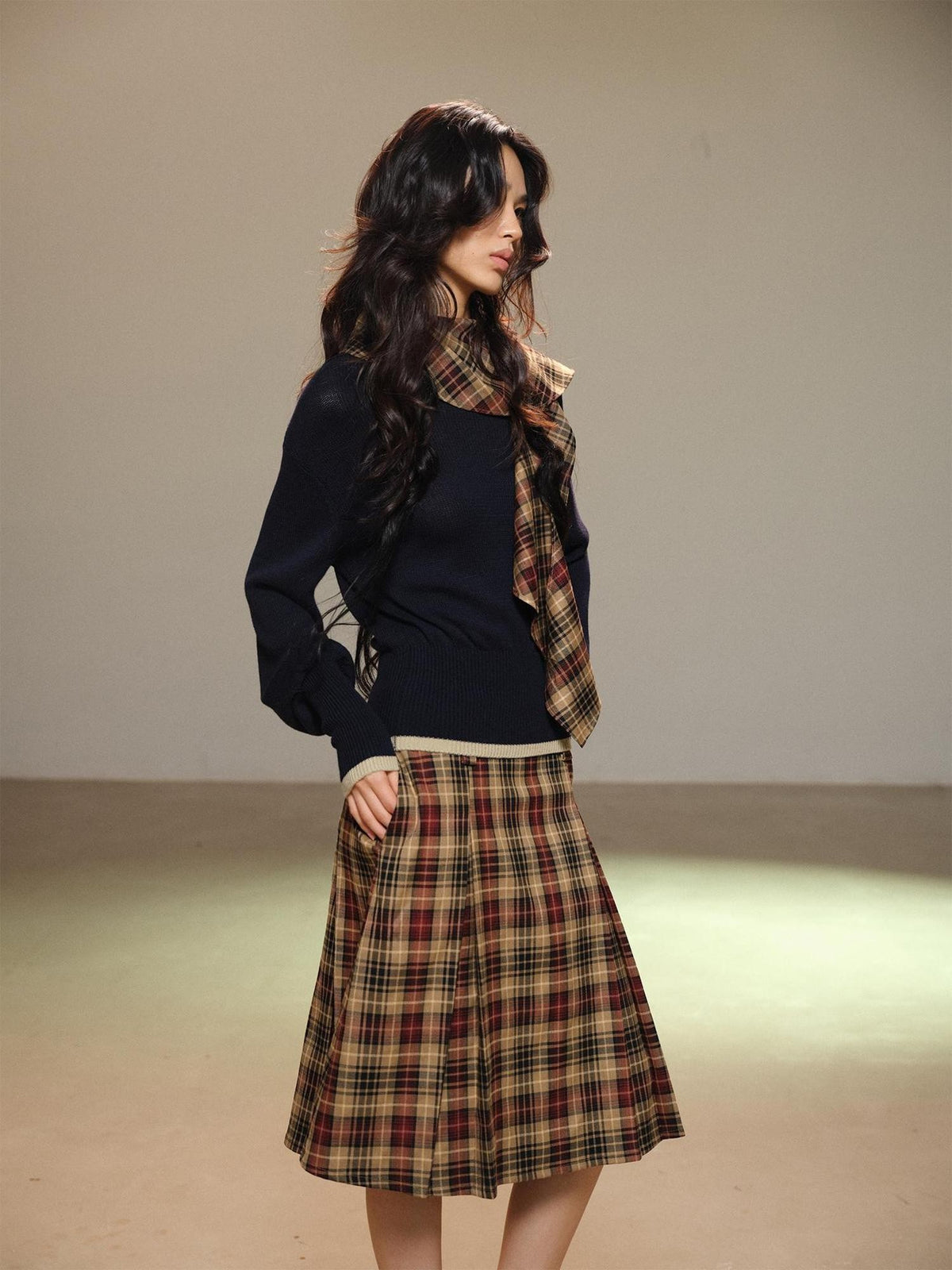 lvetong Pleated Plaid Color Block A Line Women&