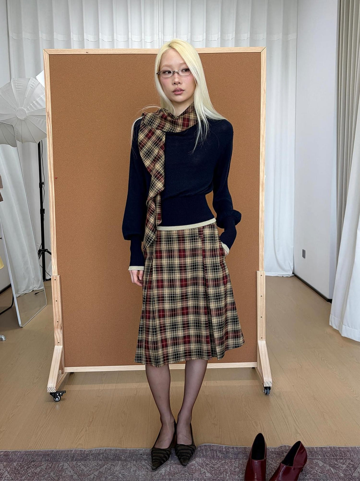 lvetong Pleated Plaid Color Block A Line Women&