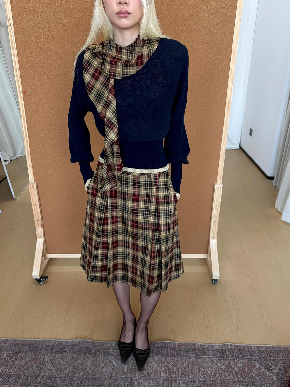lvetong Pleated Plaid Color Block A Line Women&