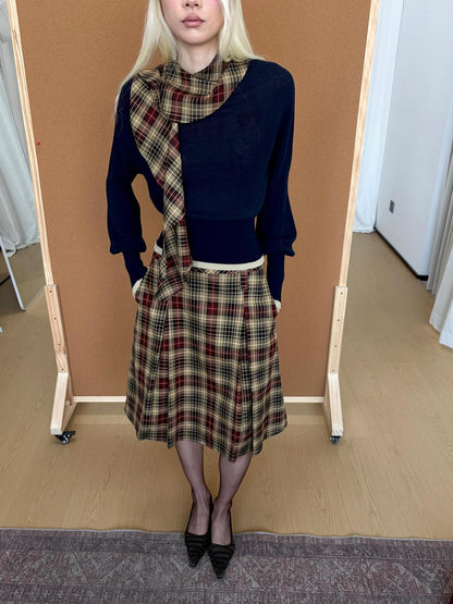lvetong Pleated Plaid Color Block A Line Women&