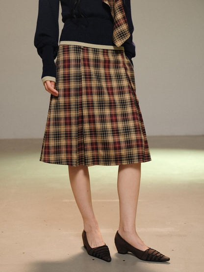lvetong Pleated Plaid Color Block A Line Women&