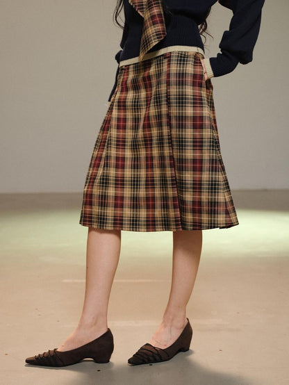 lvetong Pleated Plaid Color Block A Line Women&
