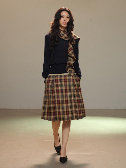 lvetong Pleated Plaid Color Block A Line Women&