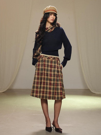 lvetong Pleated Plaid Color Block A Line Women&