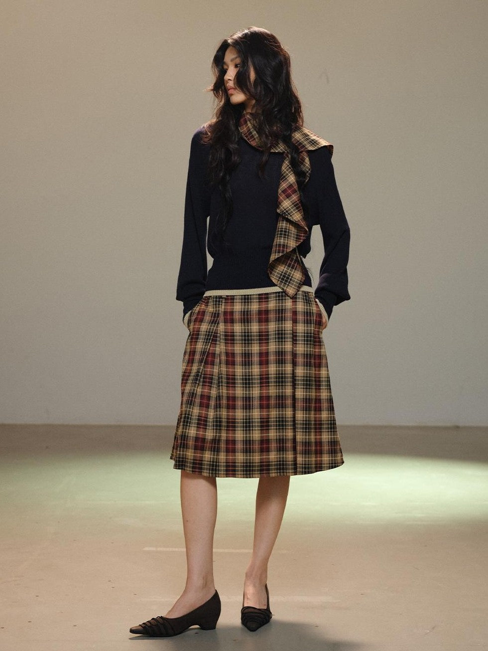 lvetong Pleated Plaid Color Block A Line Women&