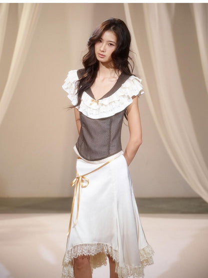 lvetong Polka Dot Ruffle V-neck Satin Lace Women&