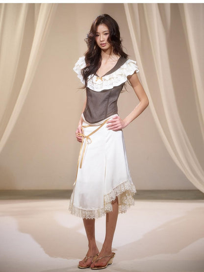 lvetong Polka Dot Ruffle V-neck Satin Lace Women&