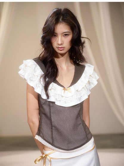 lvetong Polka Dot Ruffle V-neck Satin Lace Women&
