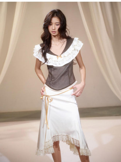 lvetong Polka Dot Ruffle V-neck Satin Lace Women&