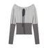 lvetong Puff Sleeve Colorblock Slim Fit Streetwear Grey Crew Neck Long Sleeve T-Shirts