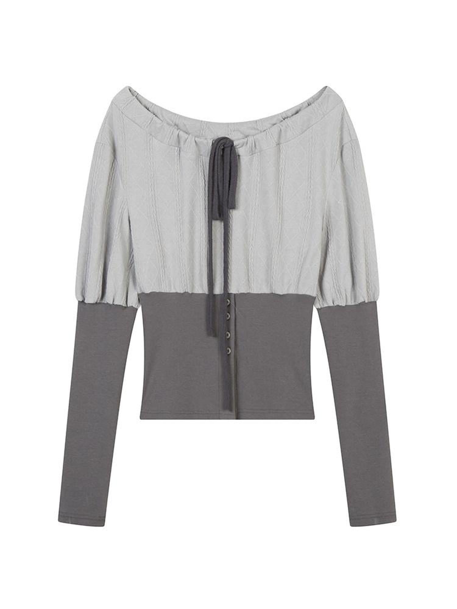 lvetong Puff Sleeve Colorblock Slim Fit Streetwear Grey Crew Neck Long Sleeve T-Shirts