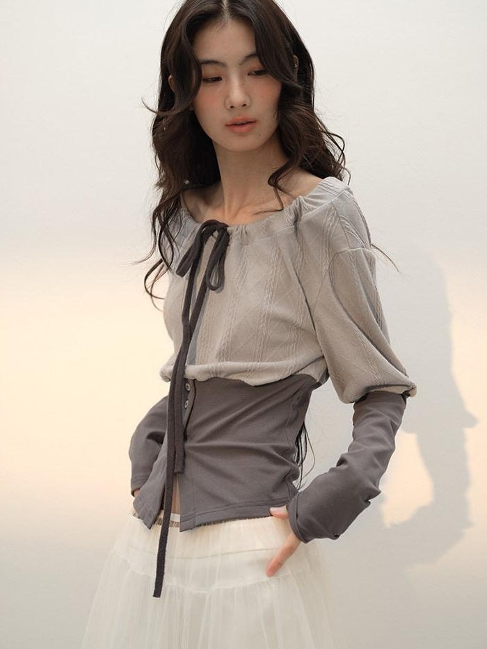 lvetong Puff Sleeve Colorblock Slim Fit Streetwear Grey Crew Neck Long Sleeve T-Shirts