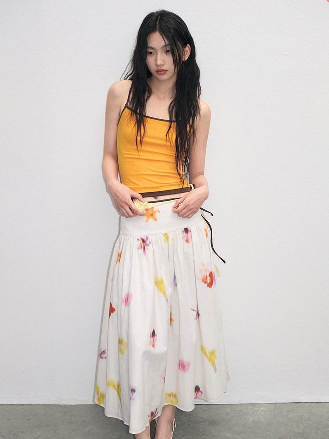 lvetong Pure Cotton Mid Waist Ruched A Line Street Casual Printed White Maxi Skirts
