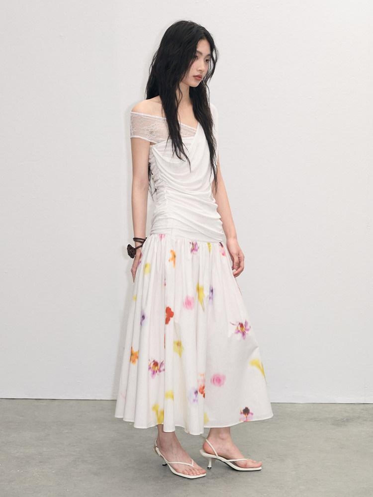 lvetong Pure Cotton Mid Waist Ruched A Line Street Casual Printed White Maxi Skirts