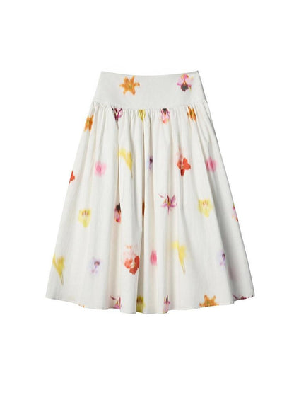 lvetong Pure Cotton Mid Waist Ruched A Line Street Casual Printed White Maxi Skirts