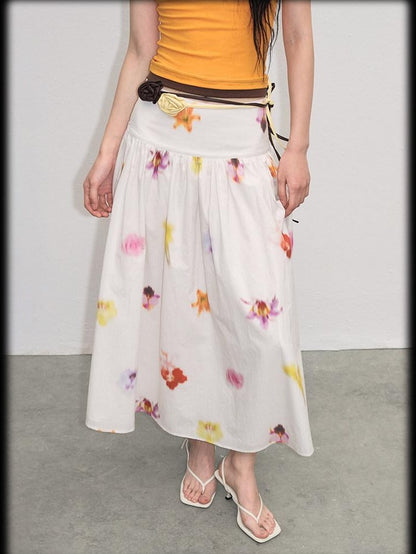 lvetong Pure Cotton Mid Waist Ruched A Line Street Casual Printed White Maxi Skirts