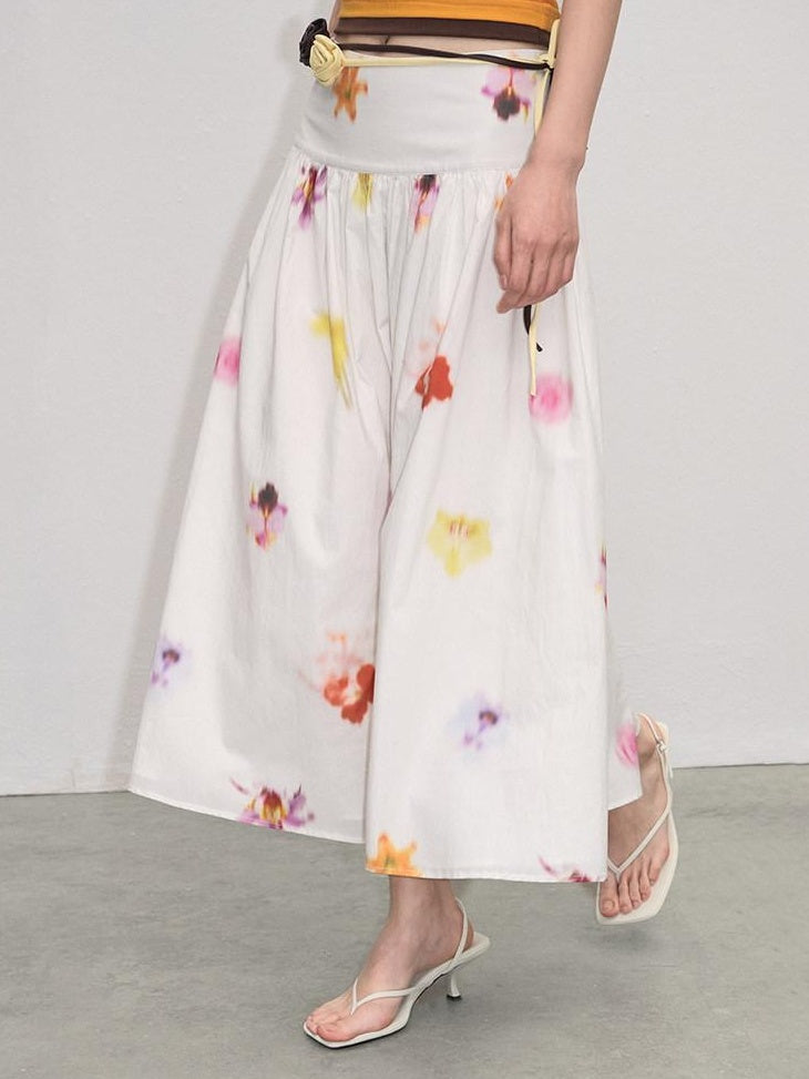 lvetong Pure Cotton Mid Waist Ruched A Line Street Casual Printed White Maxi Skirts