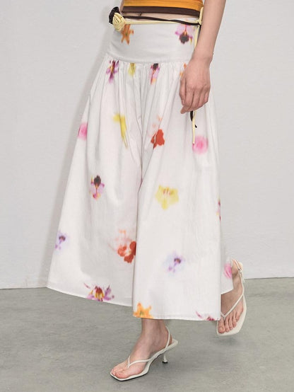 lvetong Pure Cotton Mid Waist Ruched A Line Street Casual Printed White Maxi Skirts
