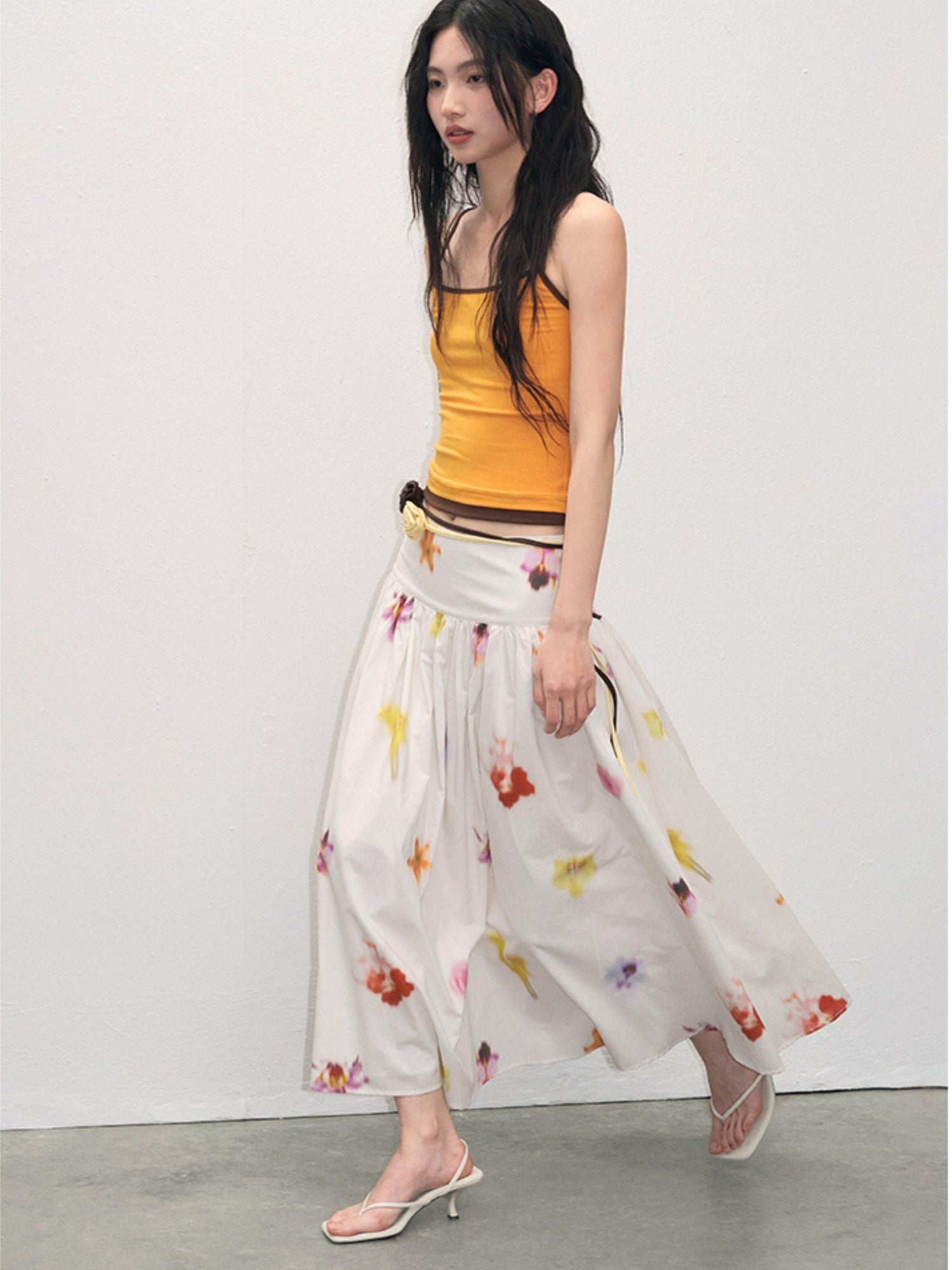 lvetong Pure Cotton Mid Waist Ruched A Line Street Casual Printed White Maxi Skirts