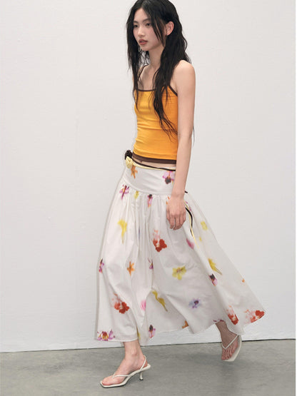 lvetong Pure Cotton Mid Waist Ruched A Line Street Casual Printed White Maxi Skirts