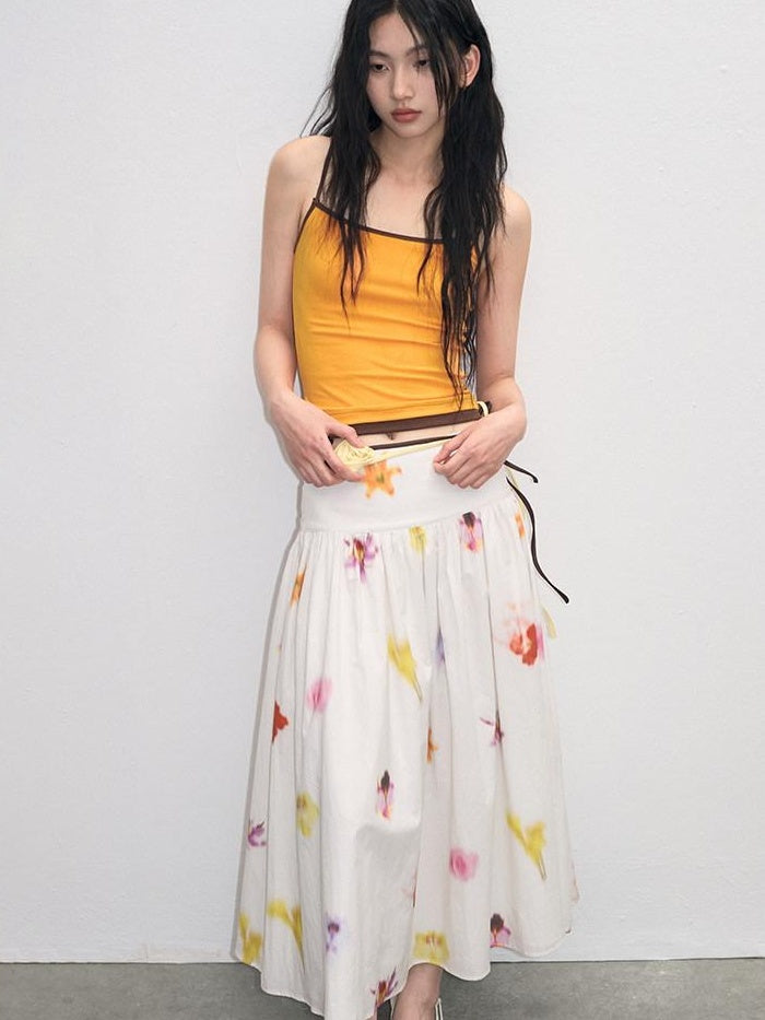 lvetong Pure Cotton Mid Waist Ruched A Line Street Casual Printed White Maxi Skirts