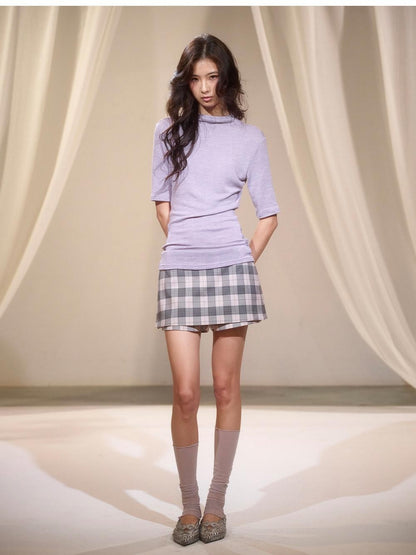 lvetong Purple Knit Backless Slim Fit Crew Neck Women&
