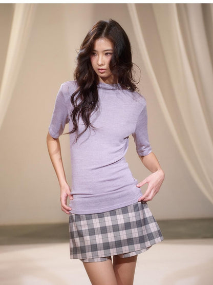 lvetong Purple Knit Backless Slim Fit Crew Neck Women&