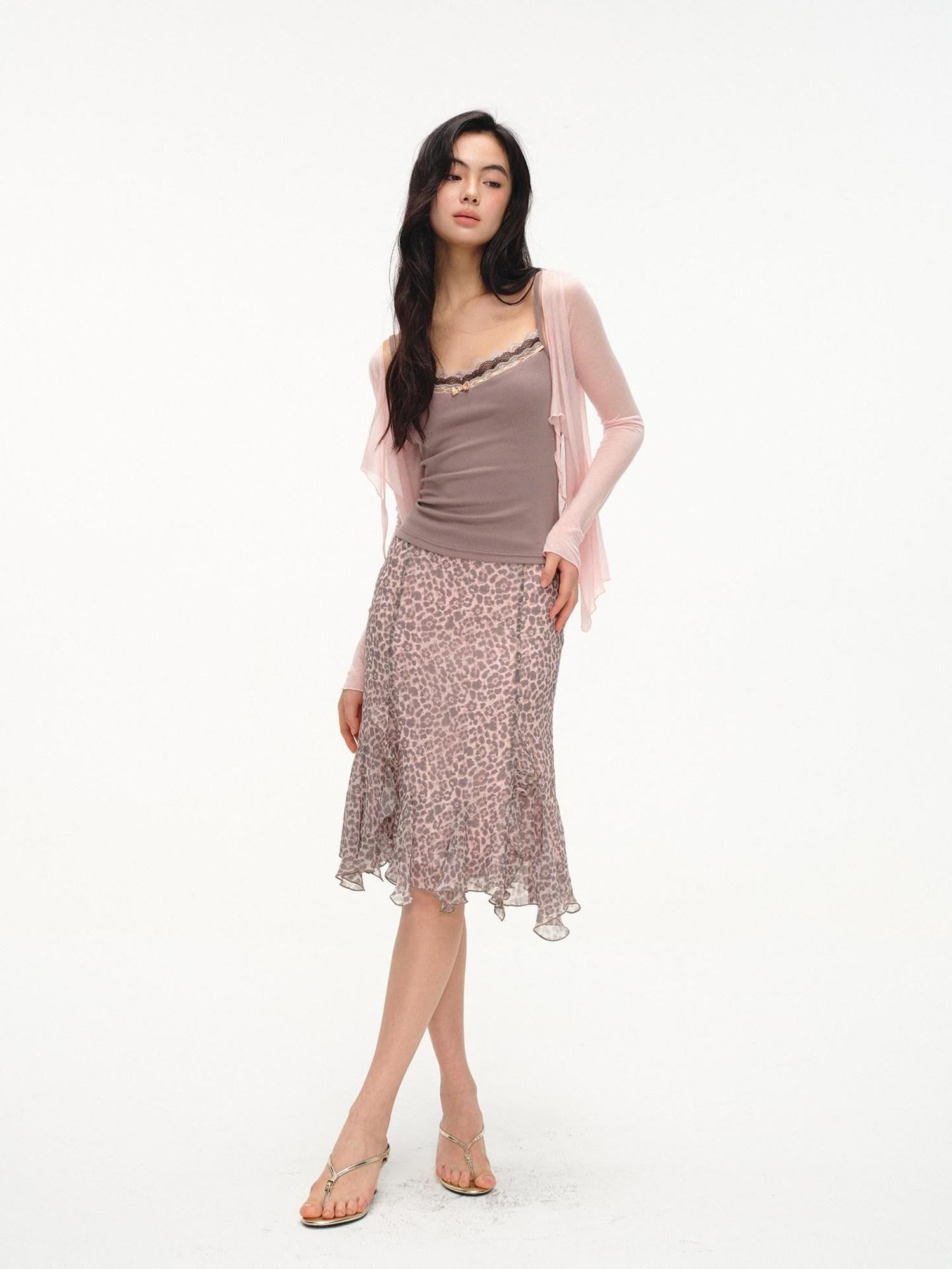 lvetong Purple Leopard Print Ruffle A Line Low Waist Women&