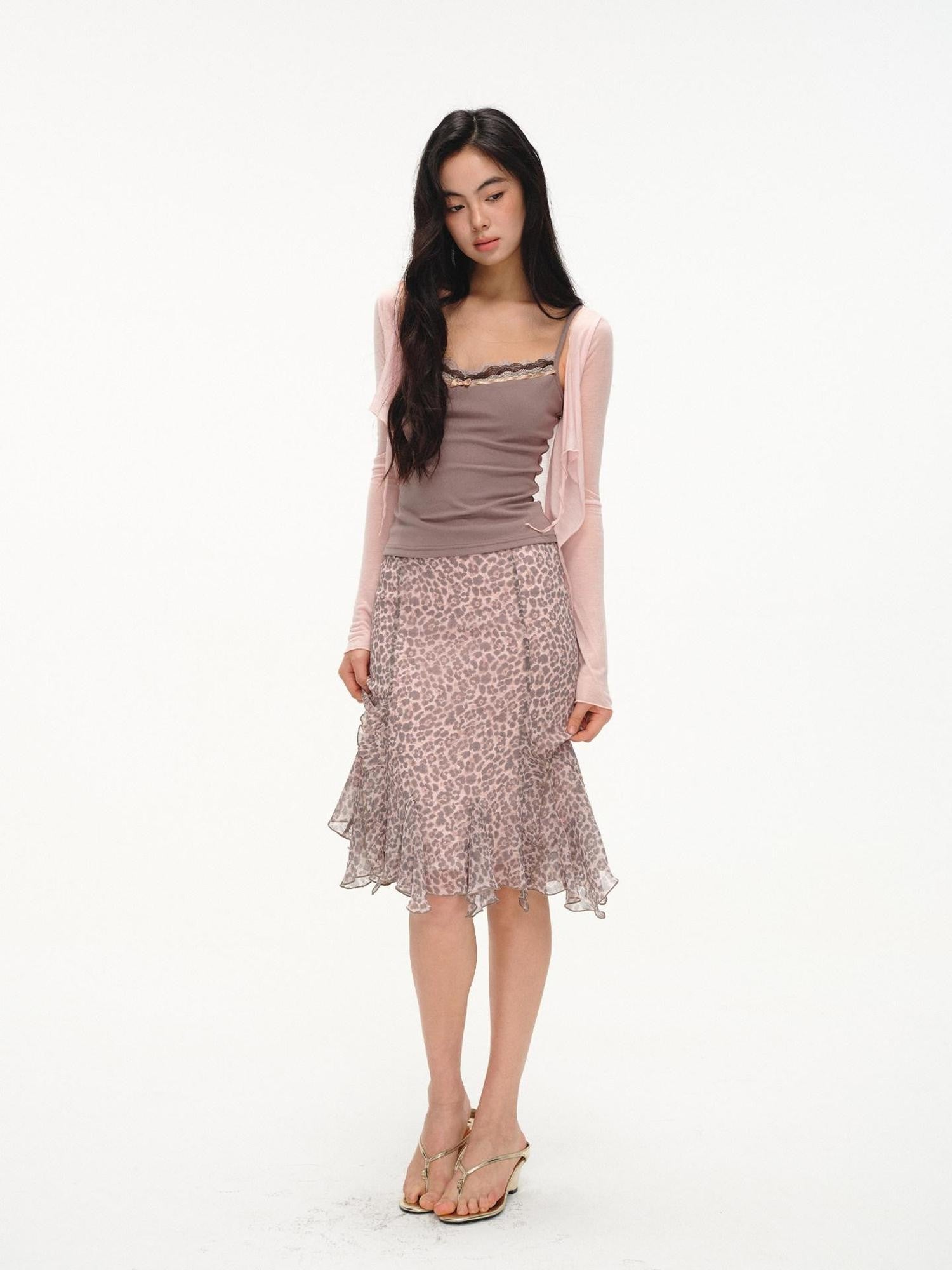 lvetong Purple Leopard Print Ruffle A Line Low Waist Women&