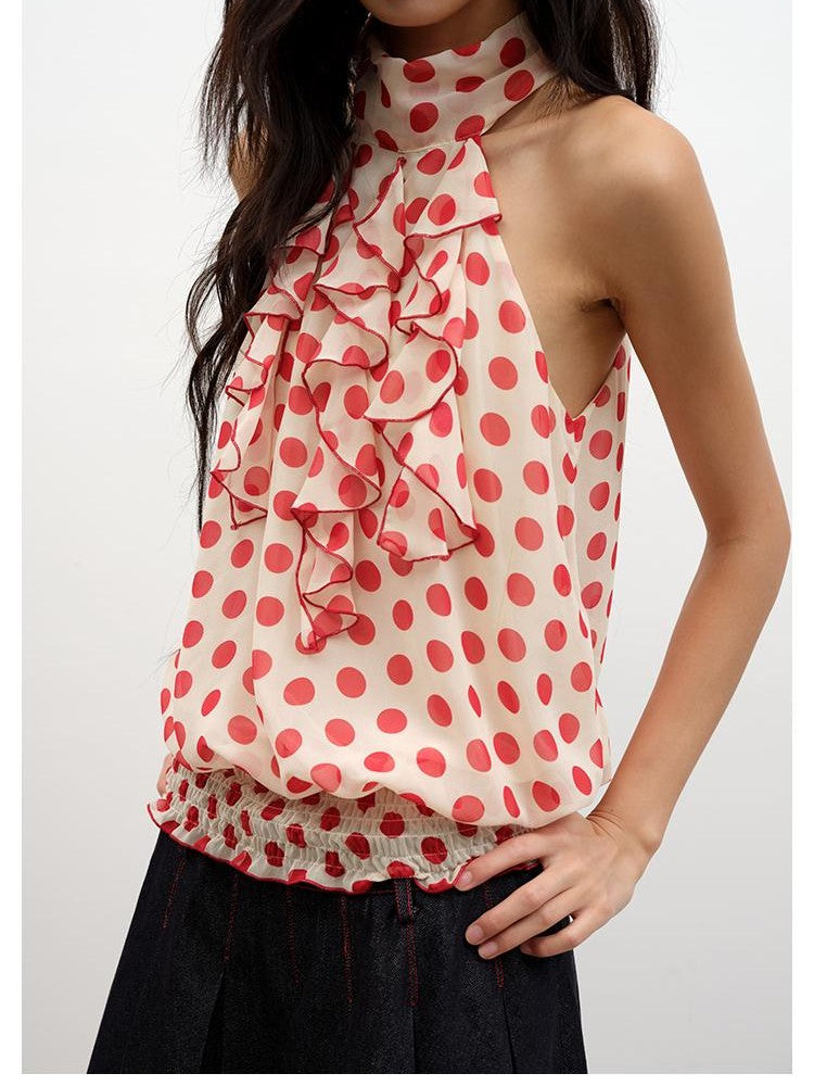 lvetong Red Polka Dot Half High Neck Ruffle Sleeveless Women&