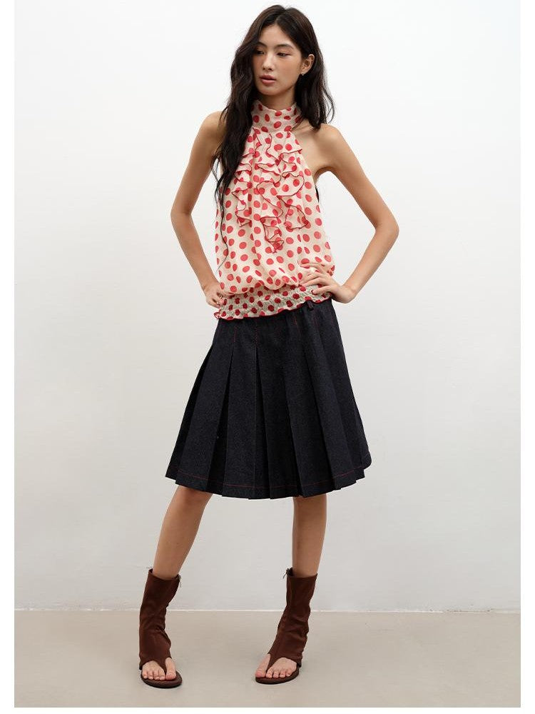 lvetong Red Polka Dot Half High Neck Ruffle Sleeveless Women&
