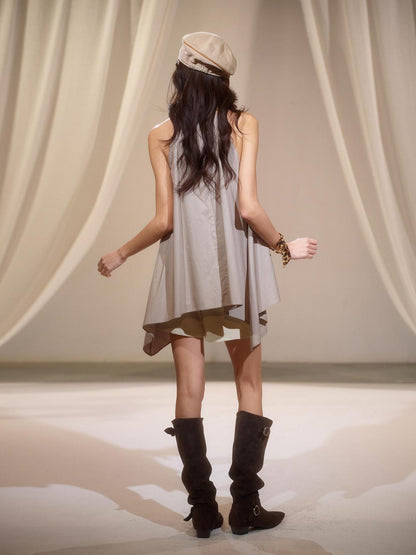 lvetong Relaxed Pleated Irregular Halter Modal Aline Sleeveless Khaki Casual Mini Dresses