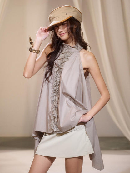 lvetong Relaxed Pleated Irregular Halter Modal Aline Sleeveless Khaki Casual Mini Dresses