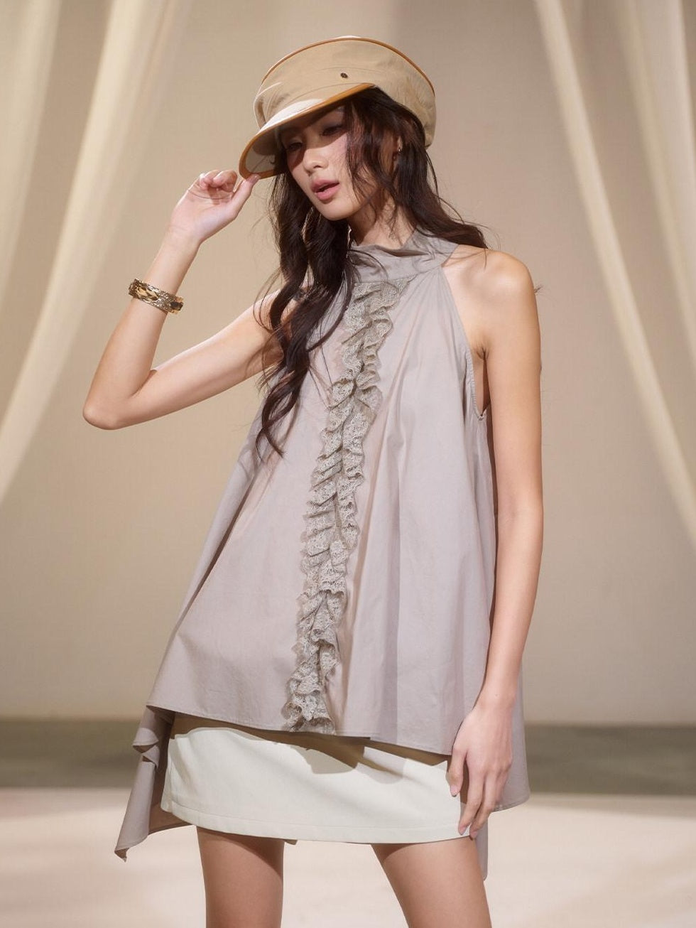 lvetong Relaxed Pleated Irregular Halter Modal Aline Sleeveless Khaki Casual Mini Dresses