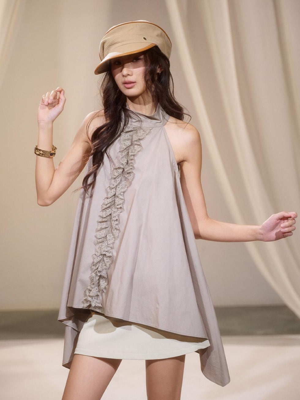 lvetong Relaxed Pleated Irregular Halter Modal Aline Sleeveless Khaki Casual Mini Dresses