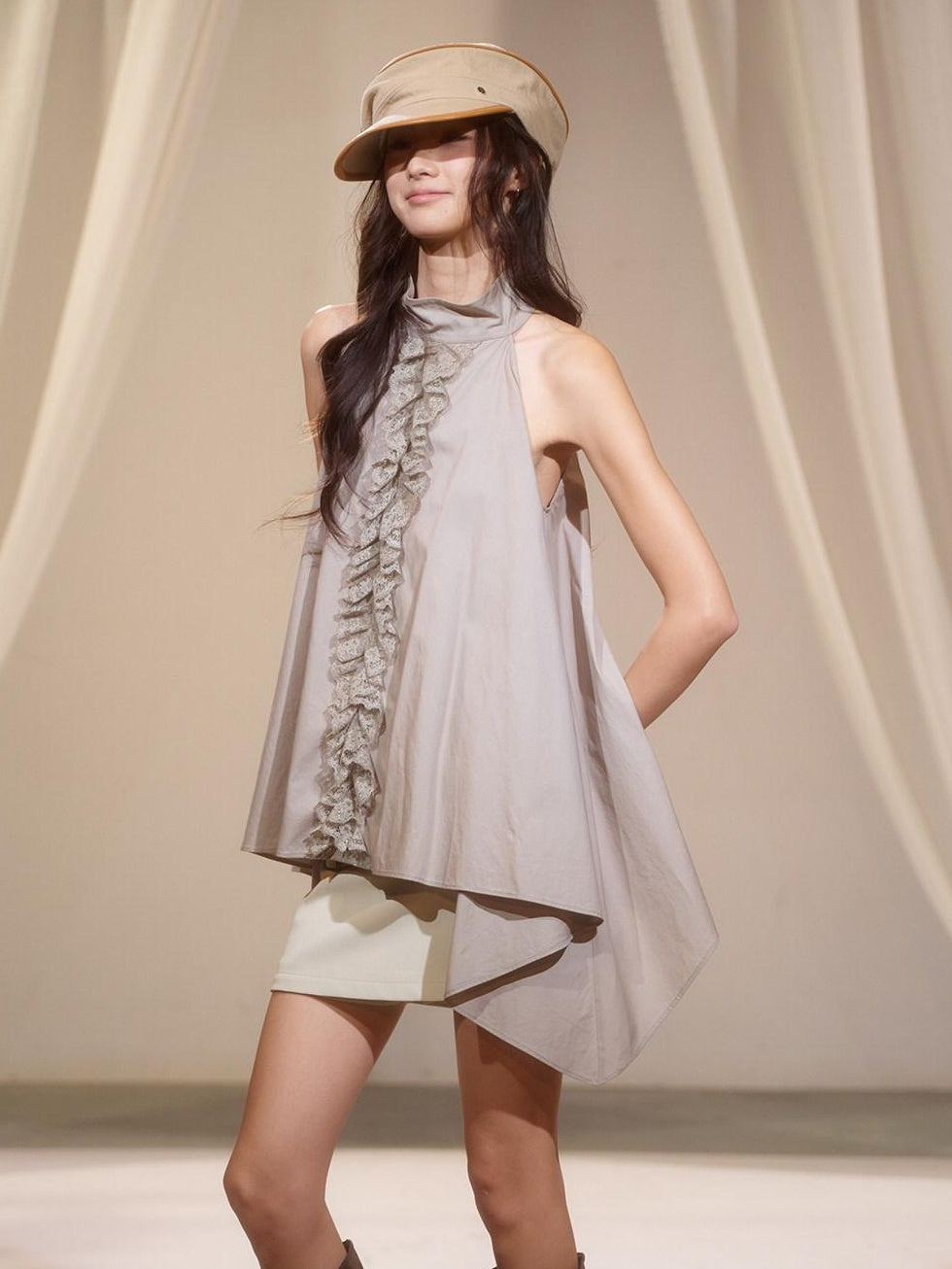 lvetong Relaxed Pleated Irregular Halter Modal Aline Sleeveless Khaki Casual Mini Dresses