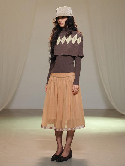 lvetong Retro Diamond Knit Stand Collar Cape Women&