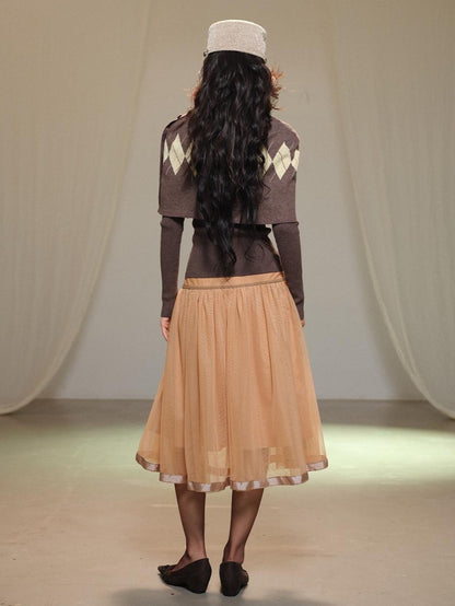 lvetong Retro Diamond Knit Stand Collar Cape Women&