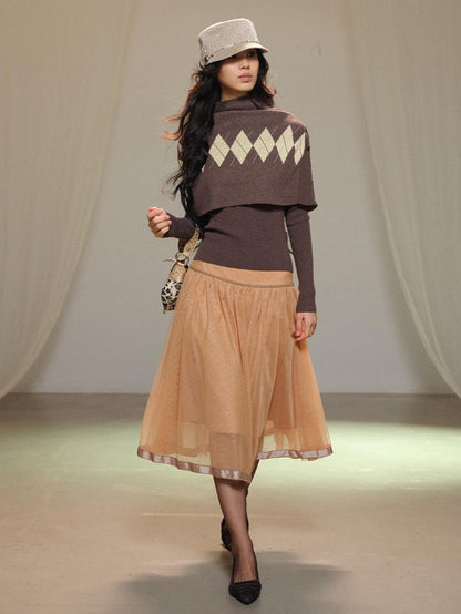 lvetong Retro Diamond Knit Stand Collar Cape Women&