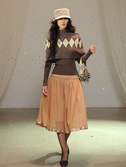 lvetong Retro Diamond Knit Stand Collar Cape Women&