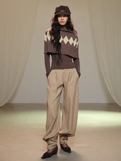 lvetong Retro Diamond Knit Stand Collar Cape Women&